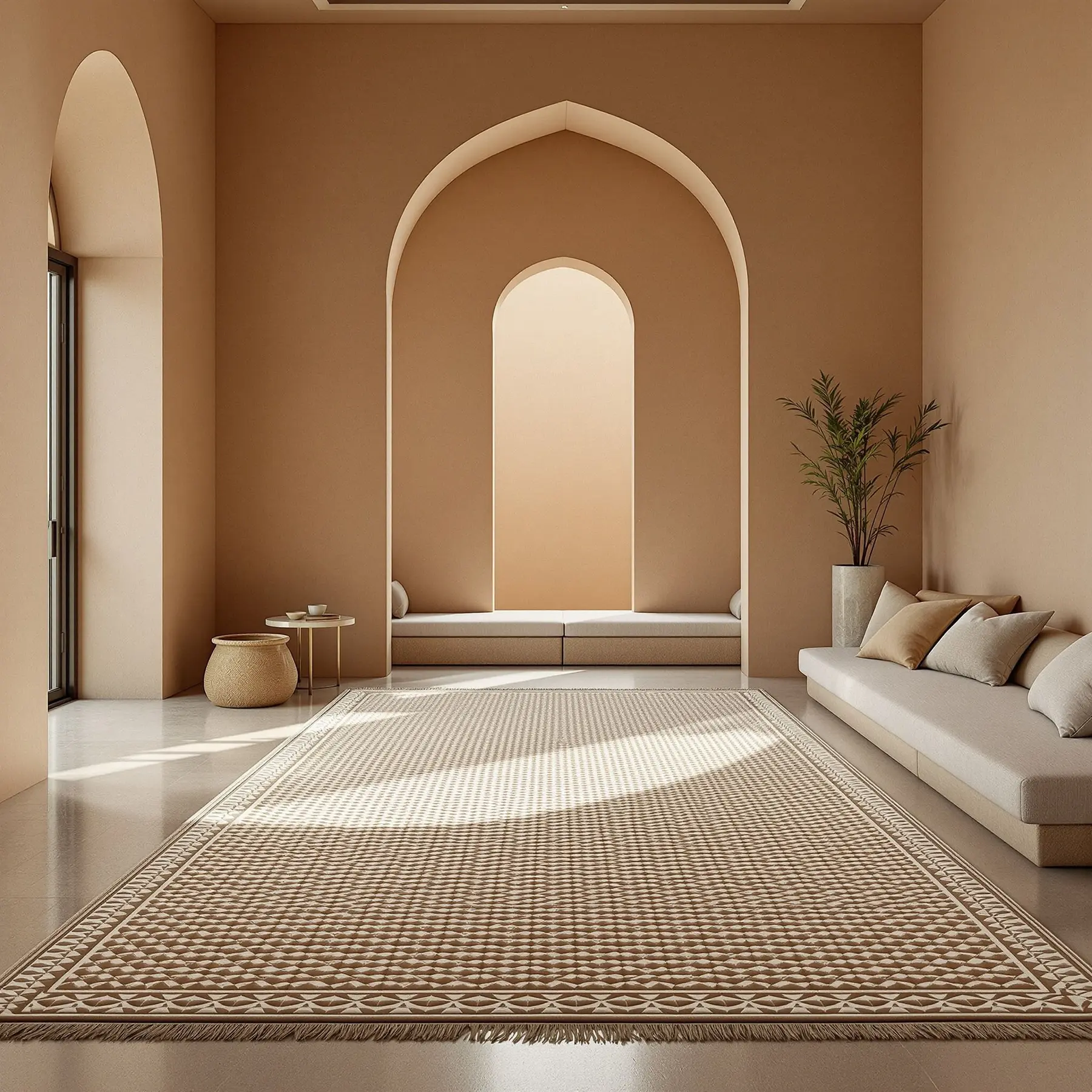 Salon de riad, grand tapis sur mesure sous une lumière rasante